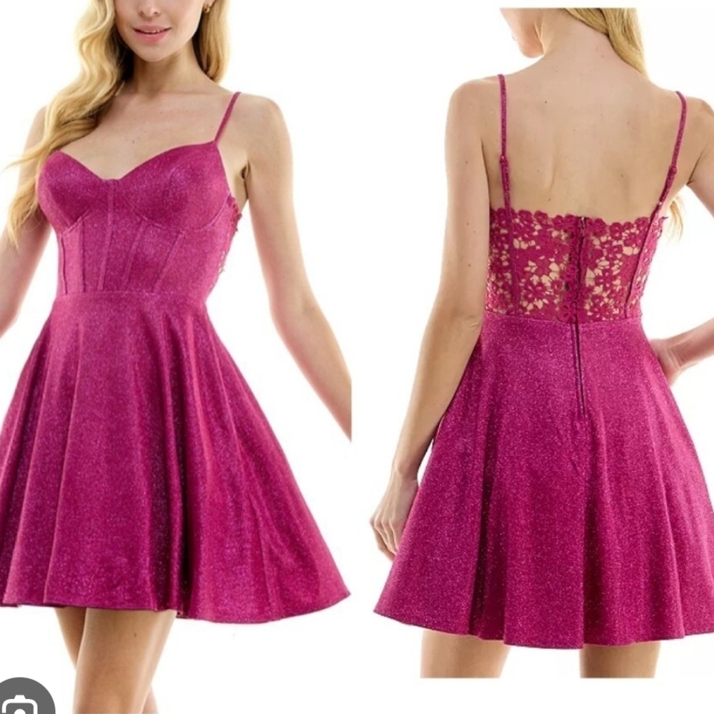 City Studios Pink Glitter Homecoming Prom Dress Lace Back Juniors 13/14